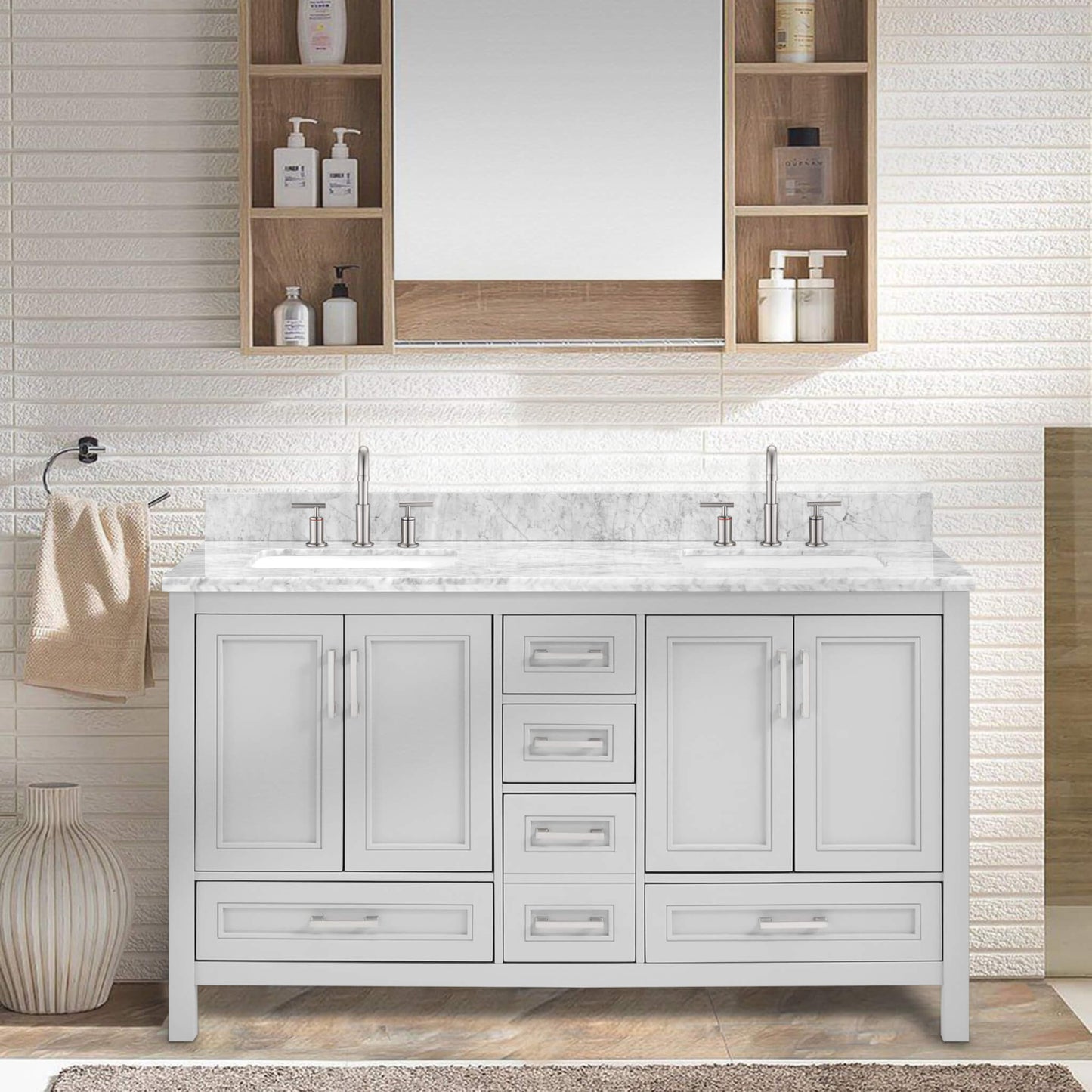 Nuvia Premium 60-Inch Freestanding Double Sink Bathroom Vanity With Carrara Marble Top