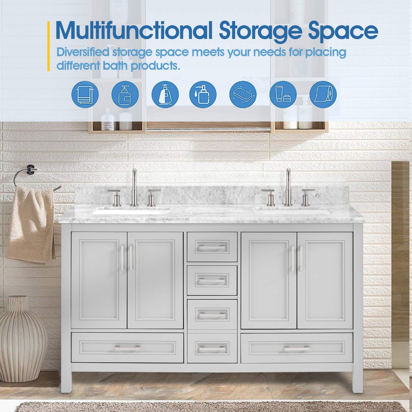 Nuvia Premium 60-Inch Freestanding Double Sink Bathroom Vanity With Carrara Marble Top