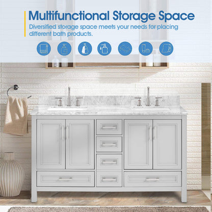 Nuvia Premium 60-Inch Freestanding Double Sink Bathroom Vanity With Carrara Marble Top