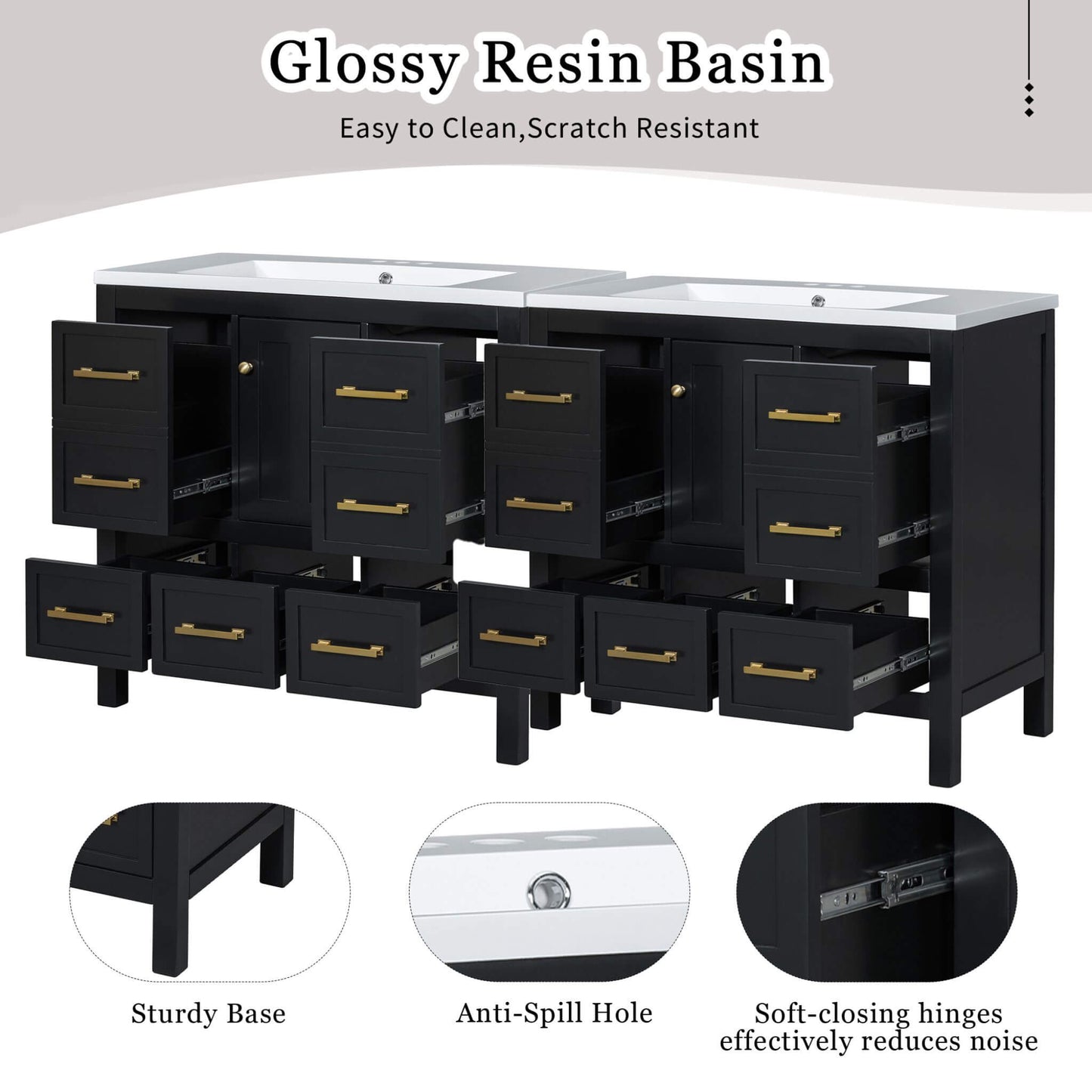 Nuvia Premium 72-Inch Bathroom Vanity Set With Resin Sink And Soft-Close Drawers [Faucet Not Included]