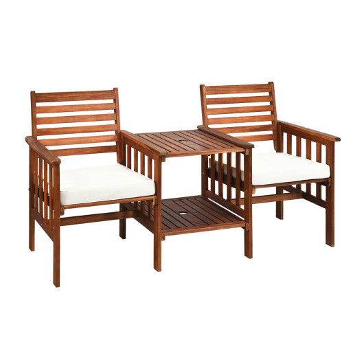 3 pcs Outdoor Patio Table Chairs Set Acacia Wood Loveseat - White