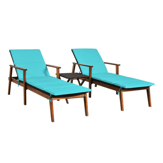 3 Pieces Portable Patio Cushioned Rattan Lounge Chair Set with Folding Table - Turquoise