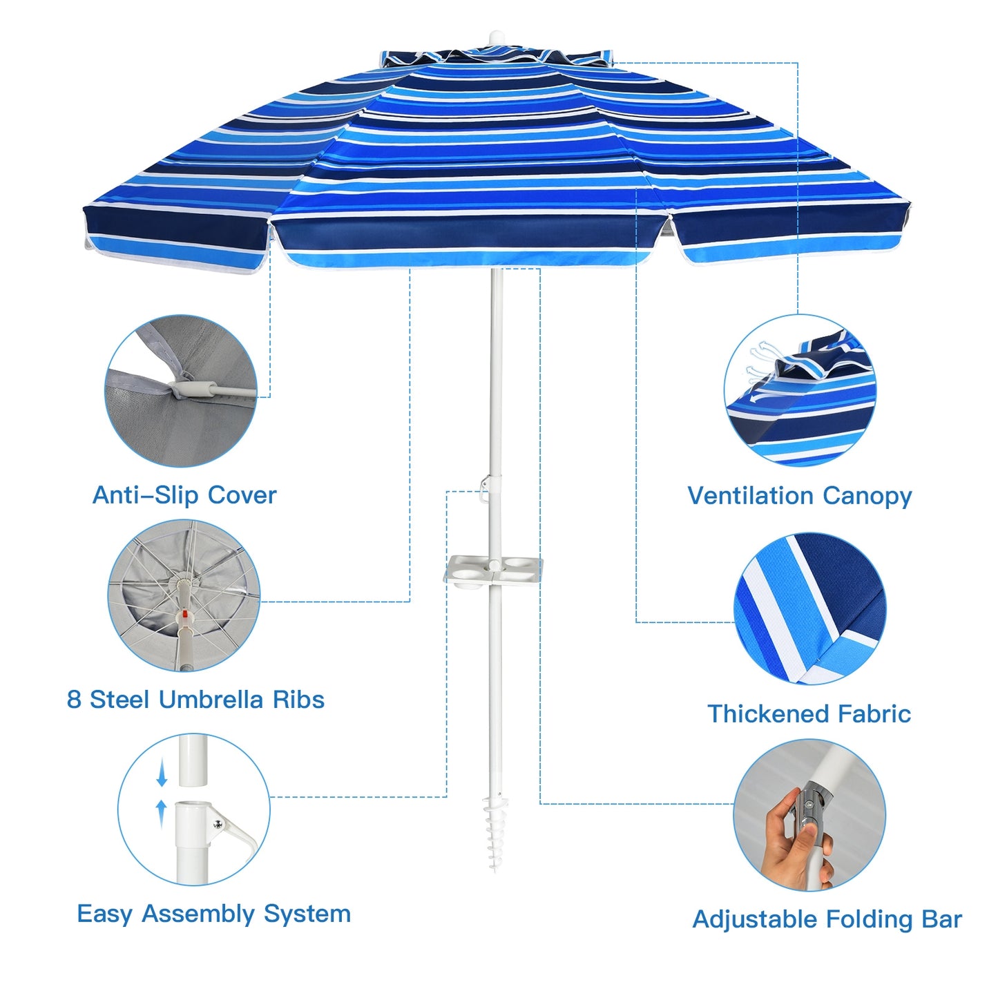 7.2 FT Portable Outdoor Beach Umbrella with Sand Anchor and Tilt Mechanism