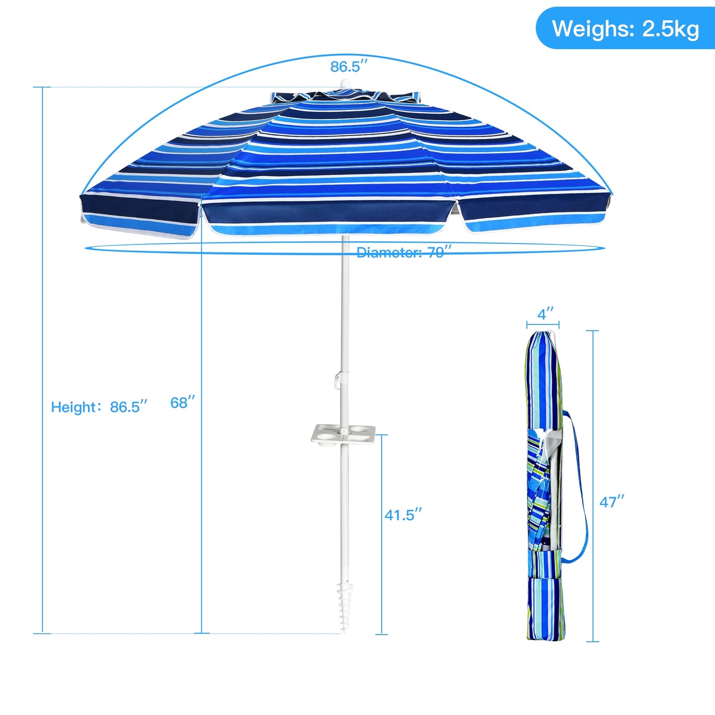 7.2 FT Portable Outdoor Beach Umbrella with Sand Anchor and Tilt Mechanism
