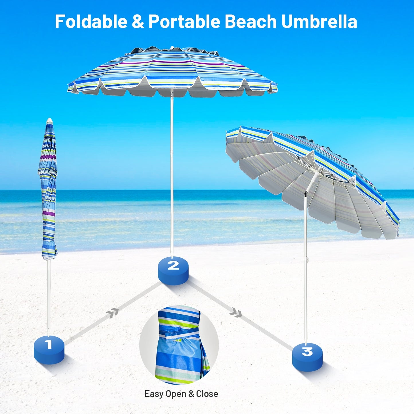 8FT Portable Beach Umbrella with Sand Anchor and Tilt Mechanism for Garden and Patio