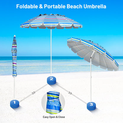 8FT Portable Beach Umbrella with Sand Anchor and Tilt Mechanism for Garden and Patio