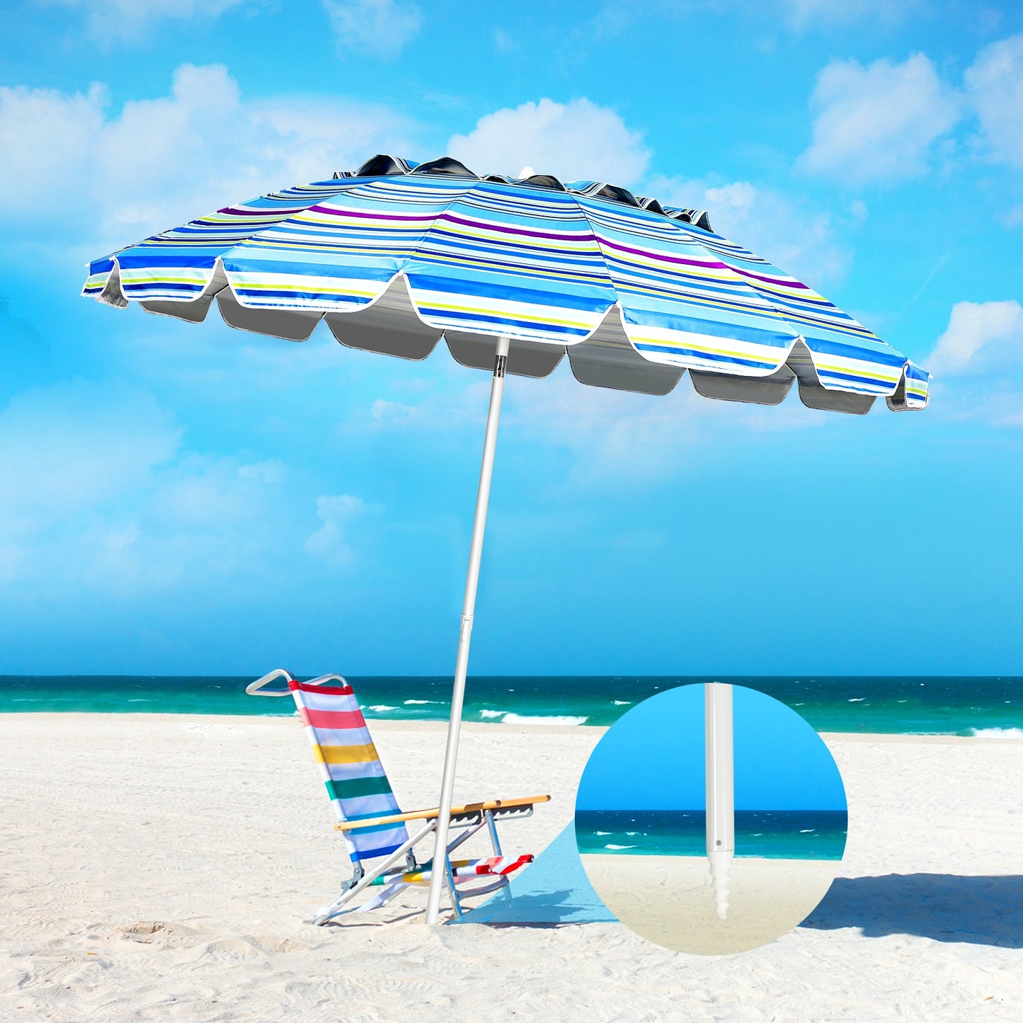 8FT Portable Beach Umbrella with Sand Anchor and Tilt Mechanism for Garden and Patio