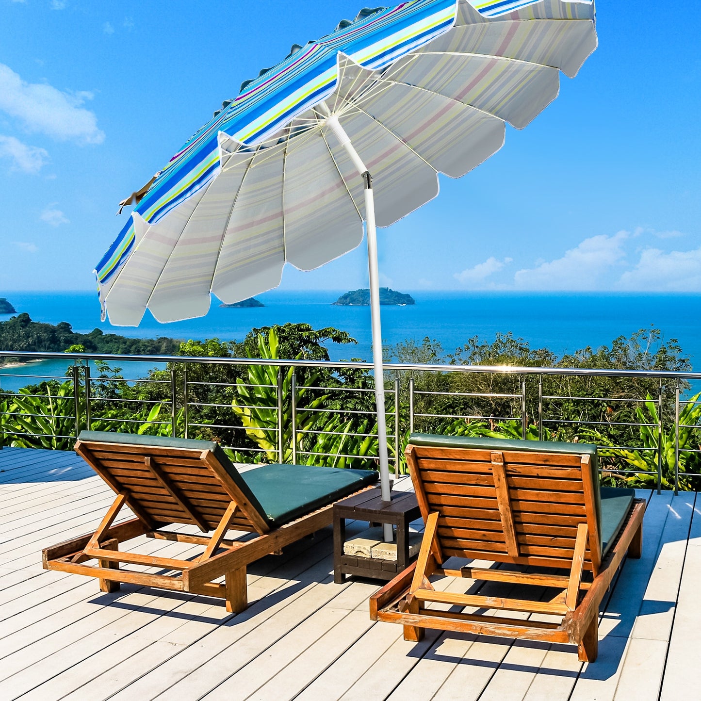 8FT Portable Beach Umbrella with Sand Anchor and Tilt Mechanism for Garden and Patio