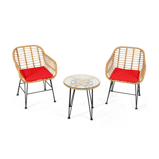 3 Pieces Rattan Furniture Set with Cushioned Chair Table - Red