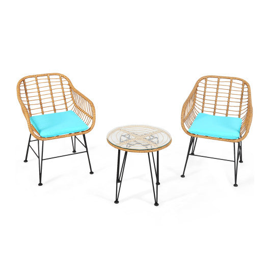 3 Pieces Rattan Furniture Set with Cushioned Chair Table - Turquoise