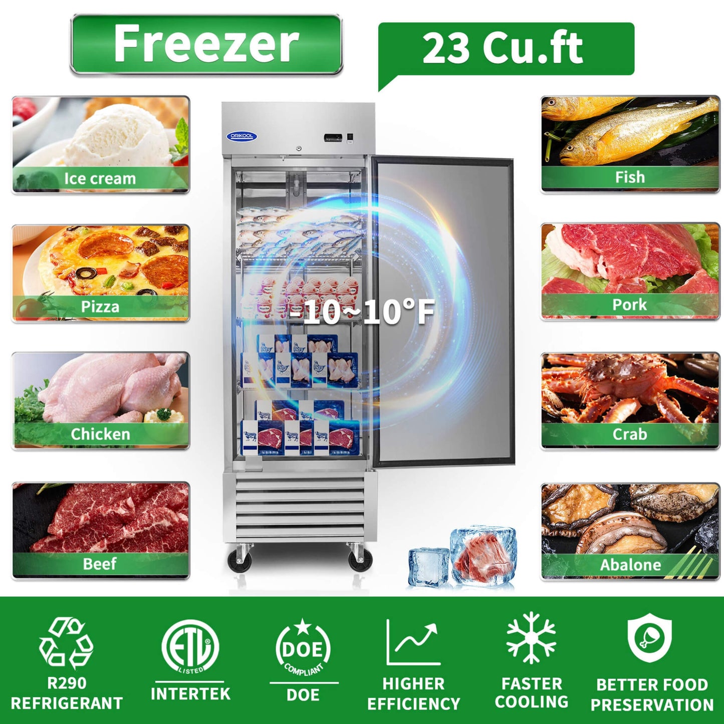 Orikool 27 Inch Commercial 23 Cu.Ft Reach-In Stainless Steel Freezer