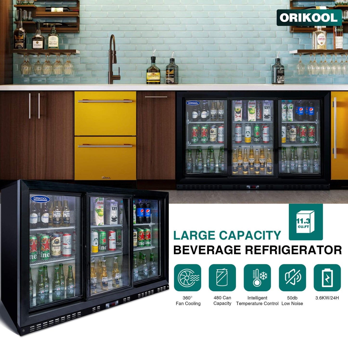 Orikool 53-Inch Energy Efficient Commercial Back Bar Drink Cooler With LED Lighting And 3 Glass Doors