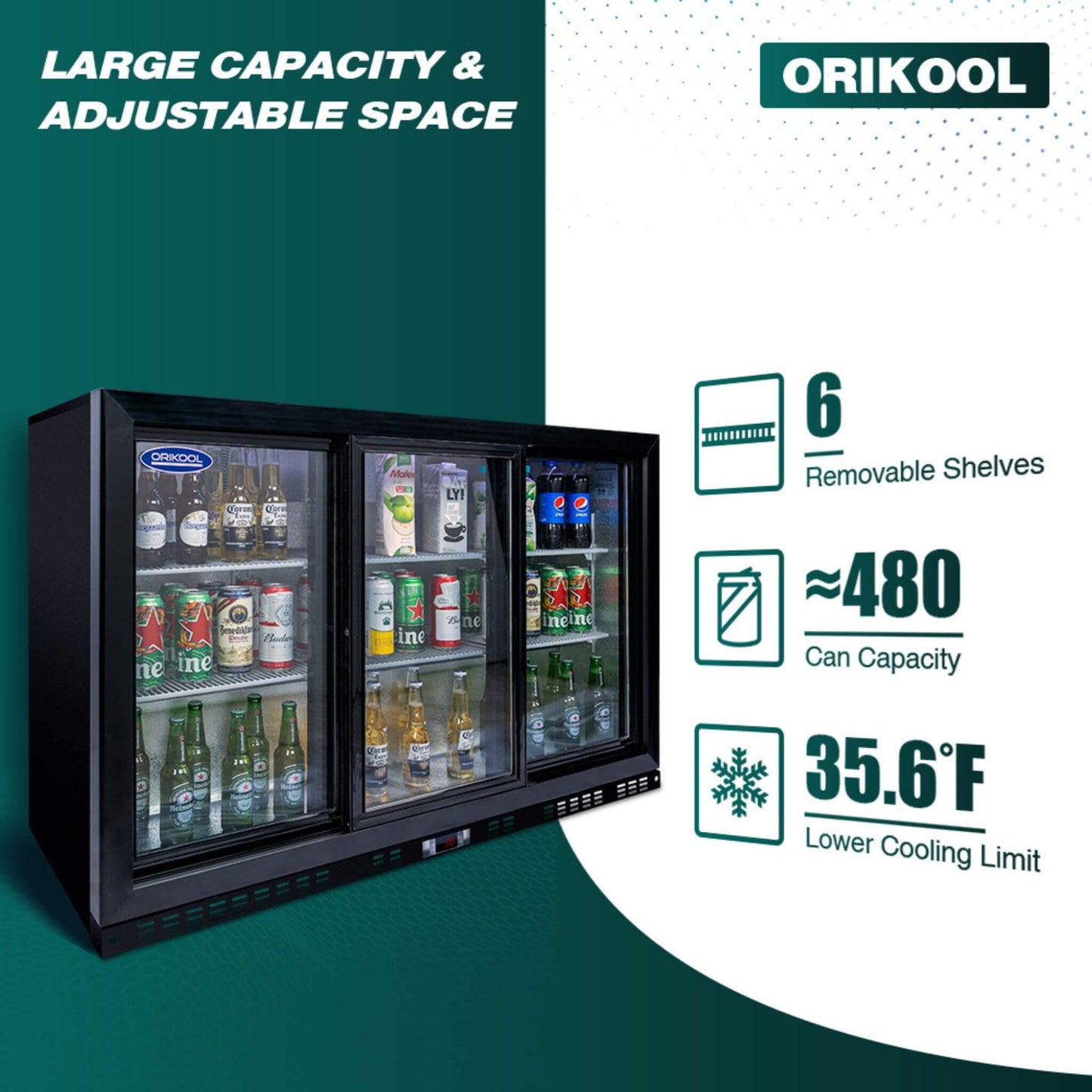 Orikool 53-Inch Energy Efficient Commercial Back Bar Drink Cooler With LED Lighting And 3 Glass Doors