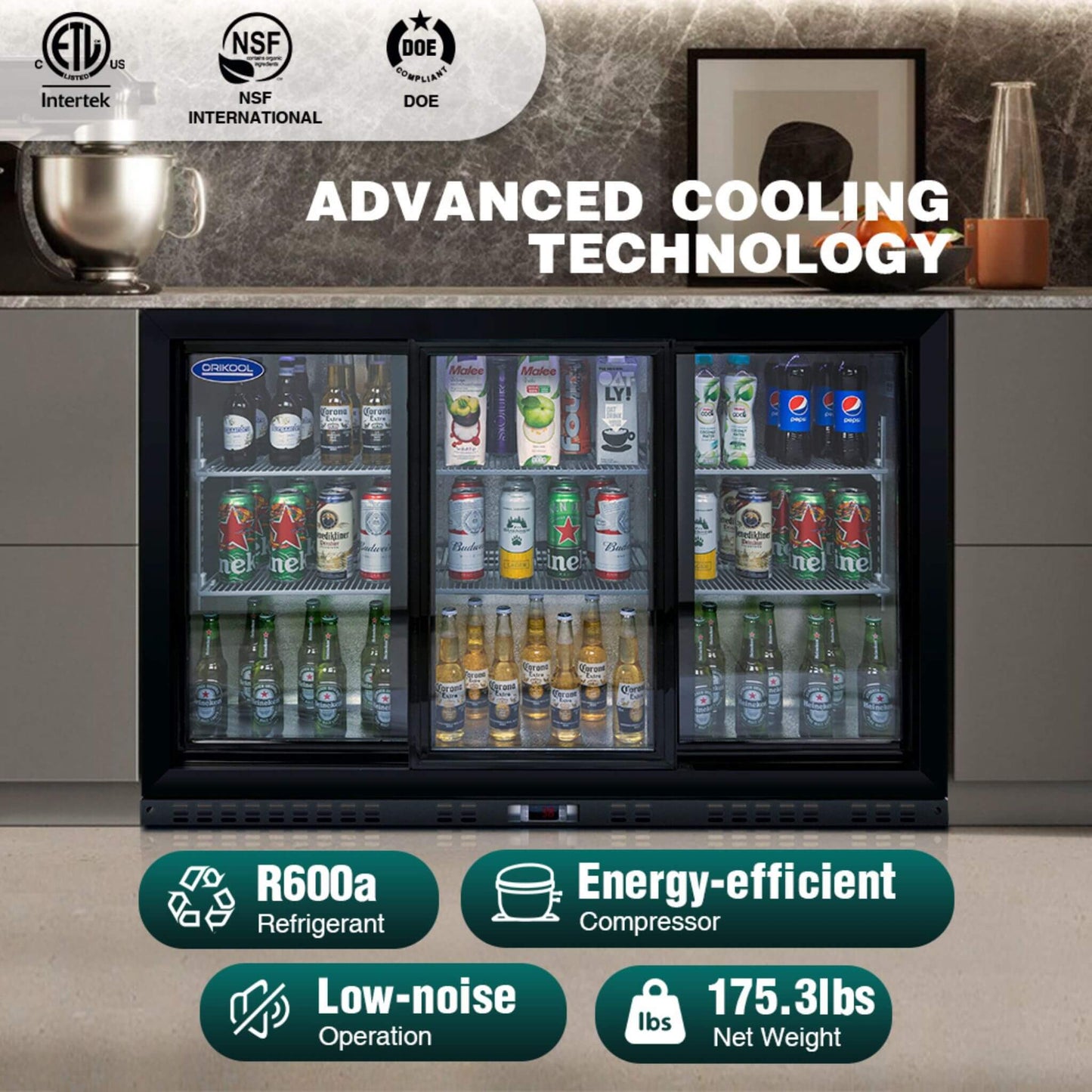 Orikool 53-Inch Energy Efficient Commercial Back Bar Drink Cooler With LED Lighting And 3 Glass Doors