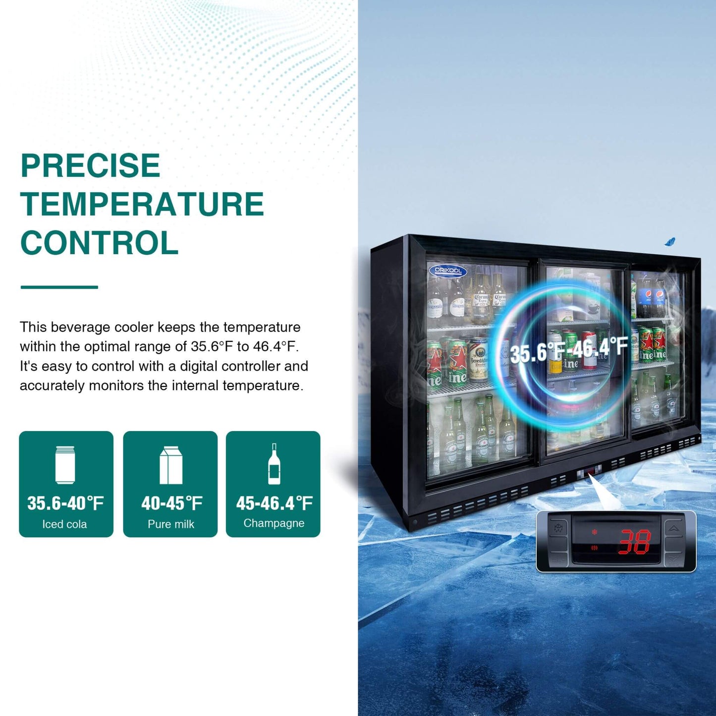 Orikool 53-Inch Energy Efficient Commercial Back Bar Drink Cooler With LED Lighting And 3 Glass Doors