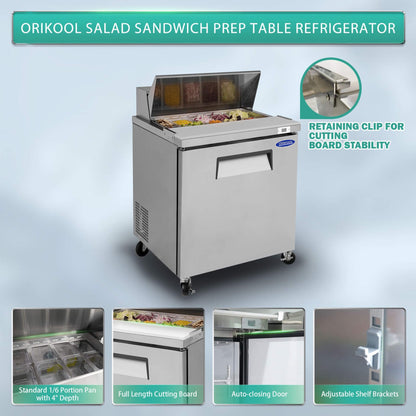 Orikool Commercial Refrigerator Sandwich & Salad Prep Table With Butcher Block Cutting Board