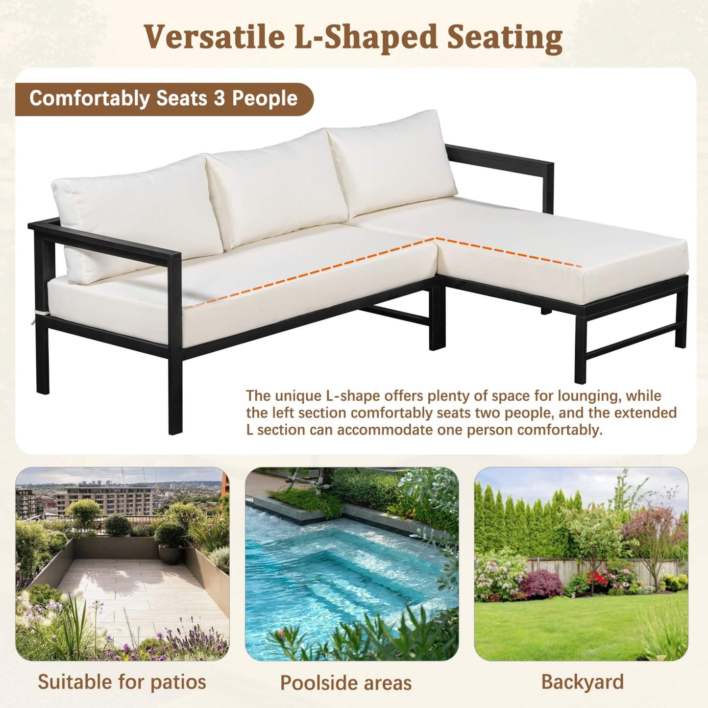 Alora Outdoor 3-Person L-Shaped Patio Sofa with Iron Frame and Thick Cushions