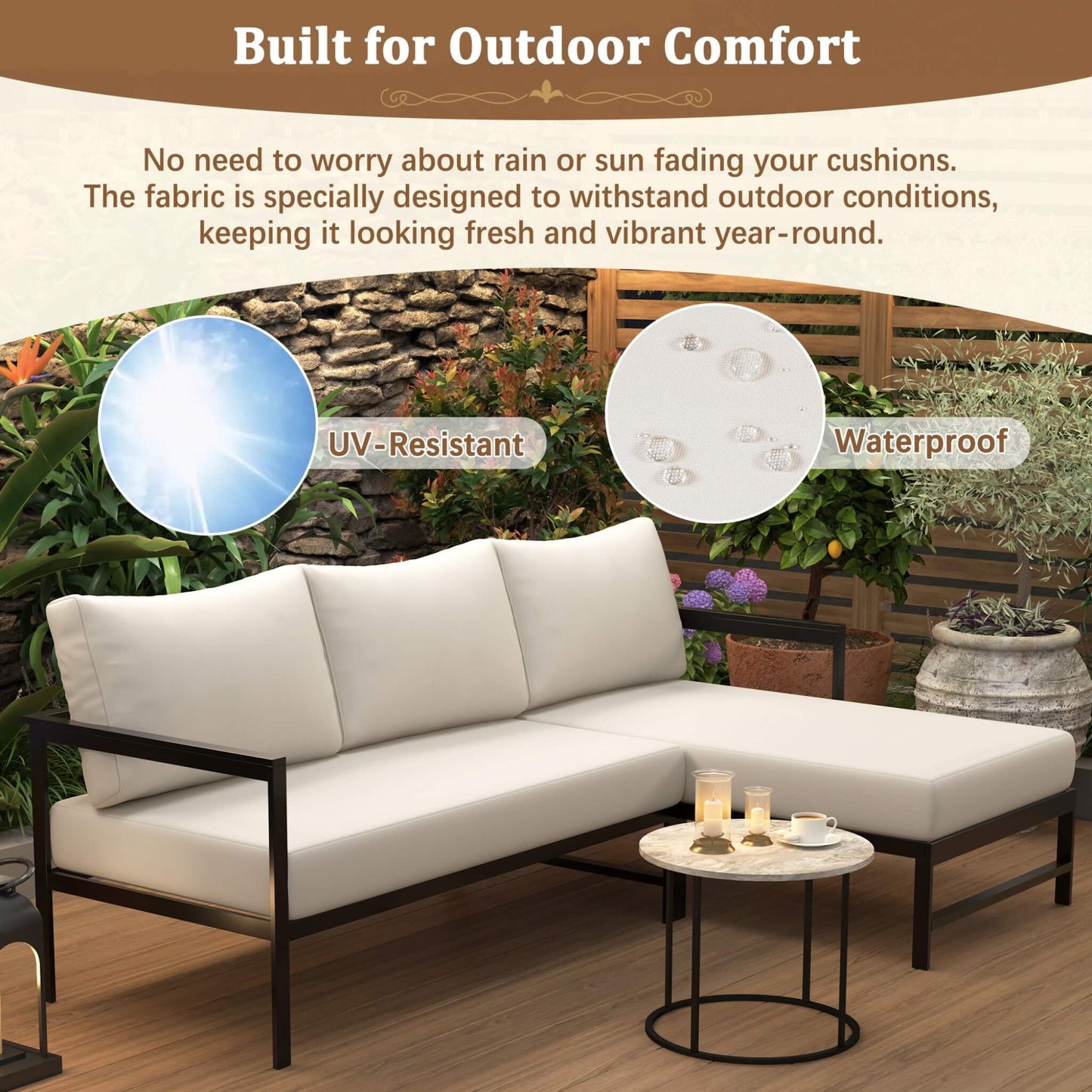 Alora Outdoor 3-Person L-Shaped Patio Sofa with Iron Frame and Thick Cushions