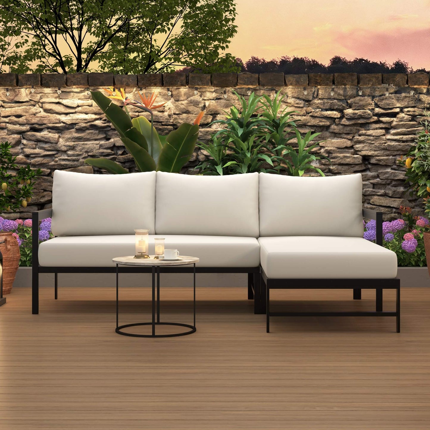 Alora Outdoor 3-Person L-Shaped Patio Sofa with Iron Frame and Thick Cushions