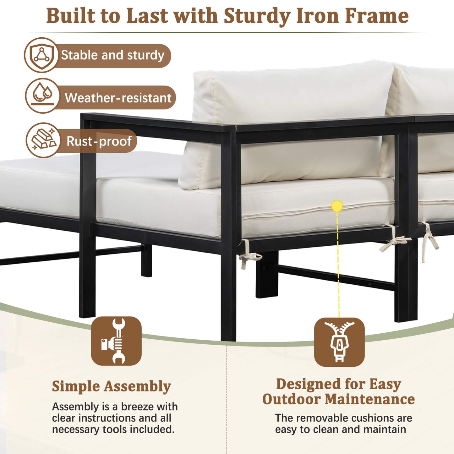 Alora Outdoor 3-Person L-Shaped Patio Sofa with Iron Frame and Thick Cushions