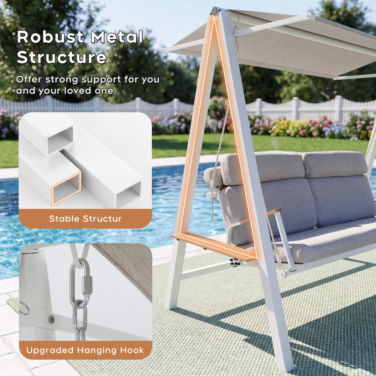 Outdoor 3-Seater Swing Chair with Adjustable Canopy