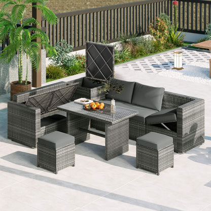 Alora Outdoor 6-Piece All-Weather PE Rattan Sofa Set with Adjustable Seat, Storage Box, Removable Covers, wnd Tempered Glass Table Top