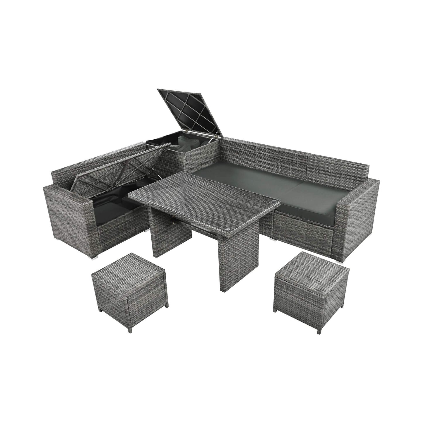 Alora Outdoor 6-Piece All-Weather PE Rattan Sofa Set with Adjustable Seat, Storage Box, Removable Covers, wnd Tempered Glass Table Top