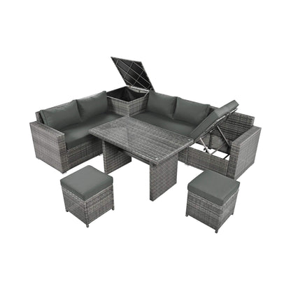 Alora Outdoor 6-Piece All-Weather PE Rattan Sofa Set with Adjustable Seat, Storage Box, Removable Covers, wnd Tempered Glass Table Top
