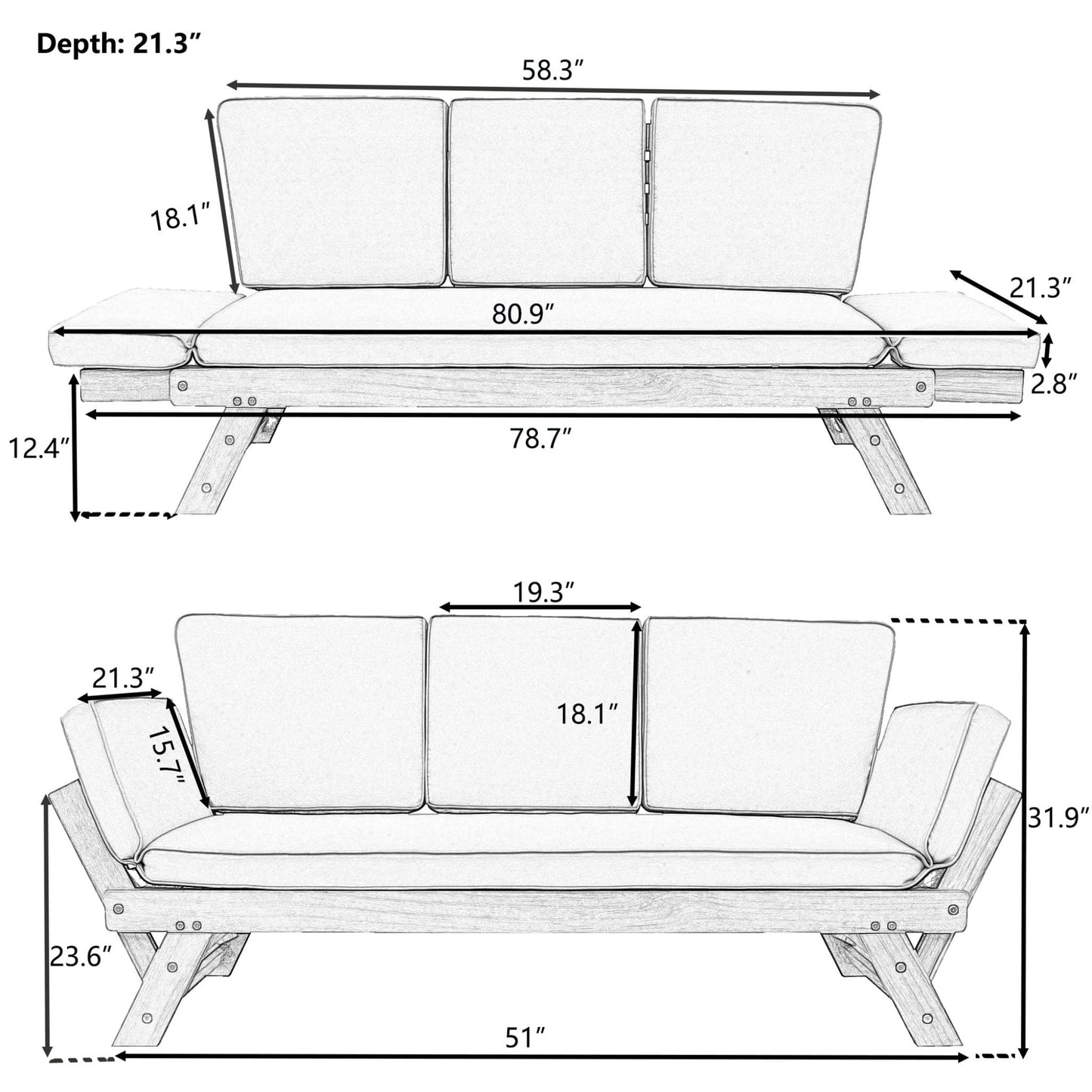 Alora Outdoor Adjustable Wooden Patio Daybed Sofa with Cushions
