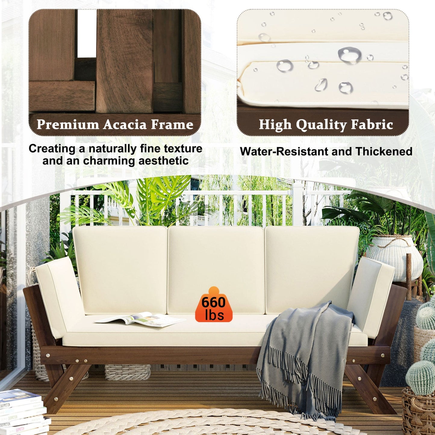 Alora Outdoor Adjustable Wooden Patio Daybed Sofa with Cushions