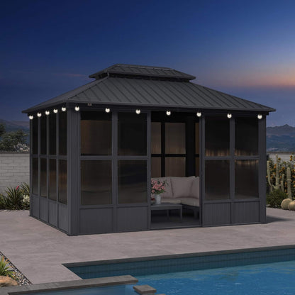 Alora Outdoor Hardtop Aluminum Solarium with Double Roof and LED Lights
