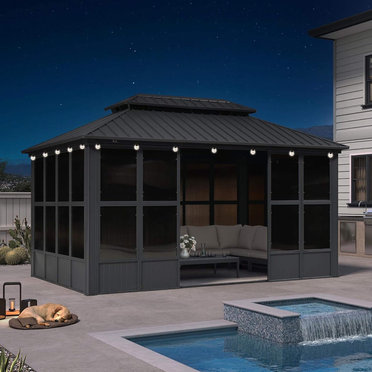 Alora Outdoor Hardtop Aluminum Solarium with Double Roof and LED Lights