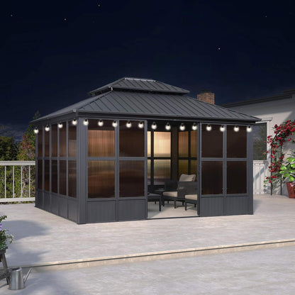 Alora Outdoor Hardtop Aluminum Solarium with Double Roof and LED Lights