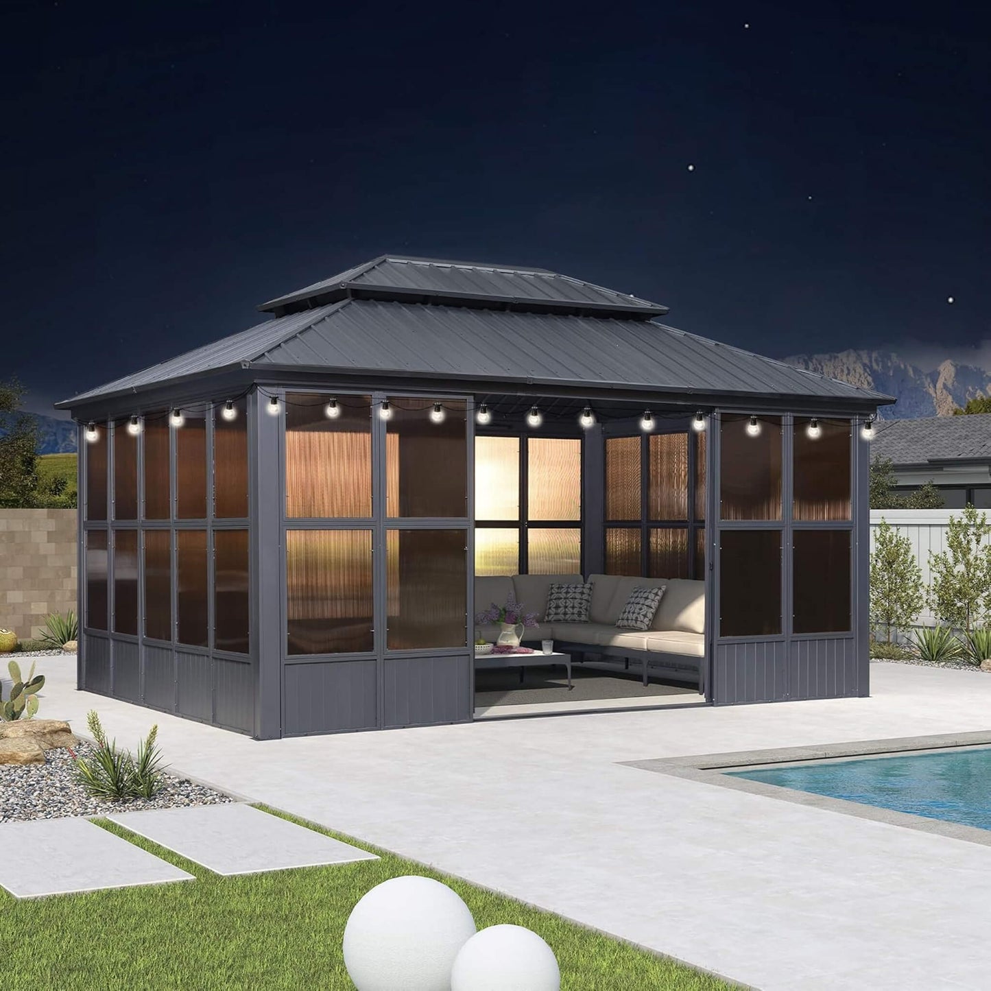 Alora Outdoor Hardtop Aluminum Solarium with Double Roof and LED Lights