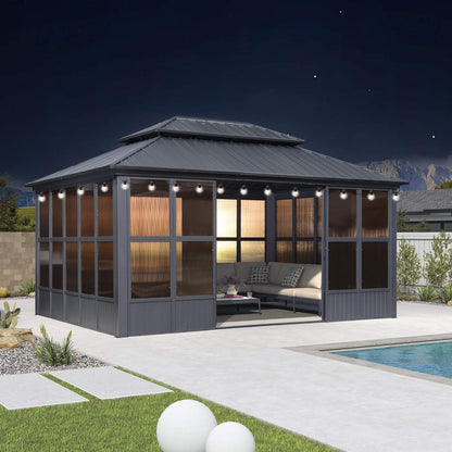 Alora Outdoor Hardtop Aluminum Solarium with Double Roof and LED Lights