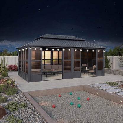 Alora Outdoor Hardtop Aluminum Solarium with Double Roof and LED Lights