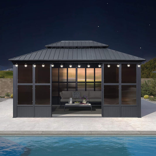 Alora Outdoor Hardtop Aluminum Solarium with Double Roof and LED Lights