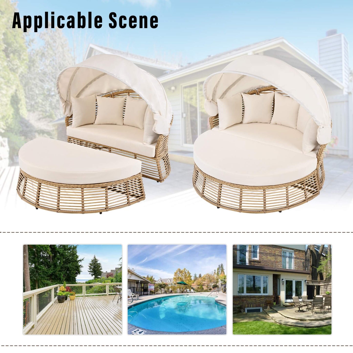 Alora 53-Inch Outdoor Patio Rattan Round Wicker Daybed with Retractable Canopy