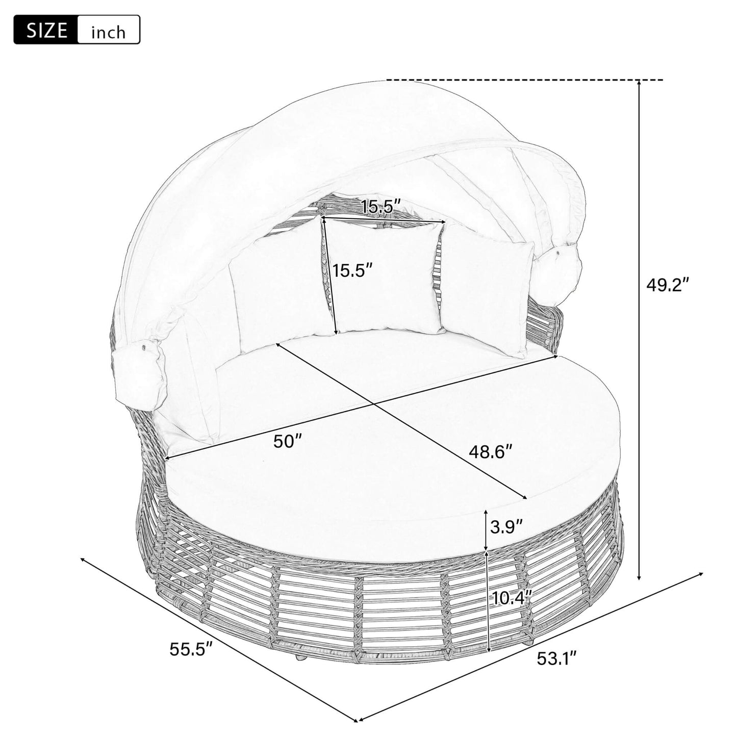 Alora 53-Inch Outdoor Patio Rattan Round Wicker Daybed with Retractable Canopy