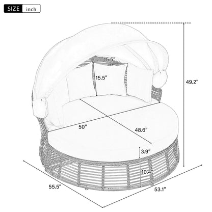 Alora 53-Inch Outdoor Patio Rattan Round Wicker Daybed with Retractable Canopy