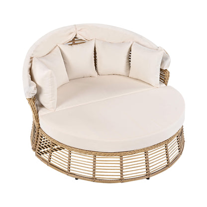 Alora 53-Inch Outdoor Patio Rattan Round Wicker Daybed with Retractable Canopy