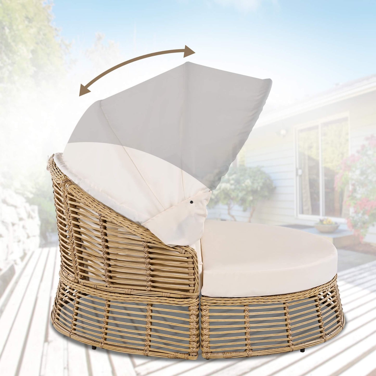 Alora 53-Inch Outdoor Patio Rattan Round Wicker Daybed with Retractable Canopy