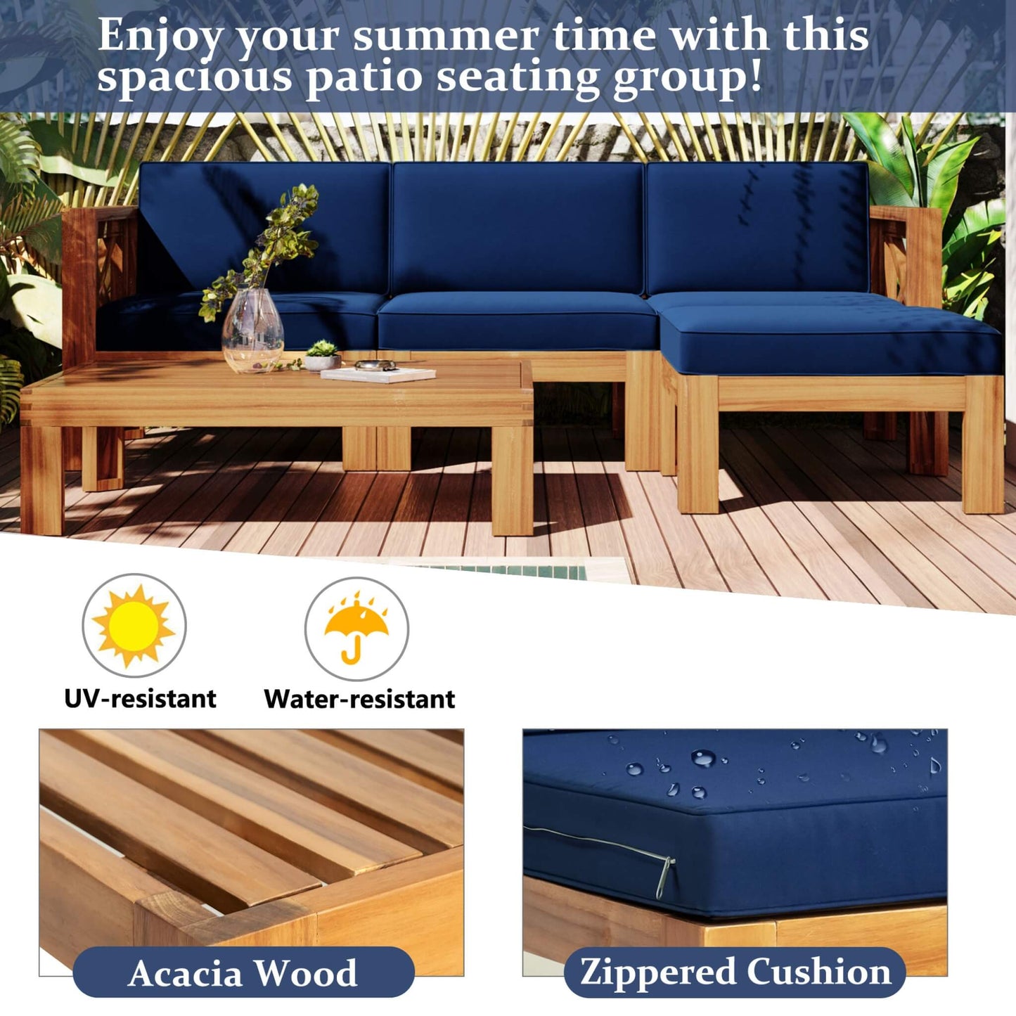 Alora 5-Piece Outdoor Patio Wood Sectional Sofa Set with Cushions
