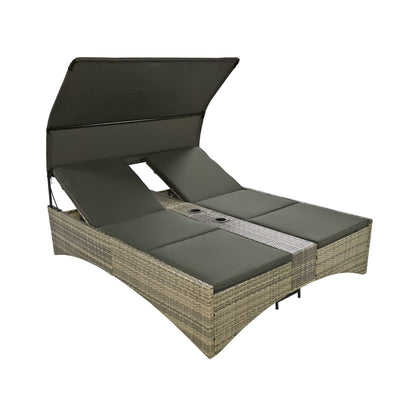 Alora Outdoor Rattan Patio Daybed with Adjustable Backrest, Canopy Roof, Storage Box and Cup Holders