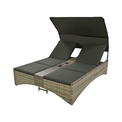 Alora Outdoor Rattan Patio Daybed with Adjustable Backrest, Canopy Roof, Storage Box and Cup Holders