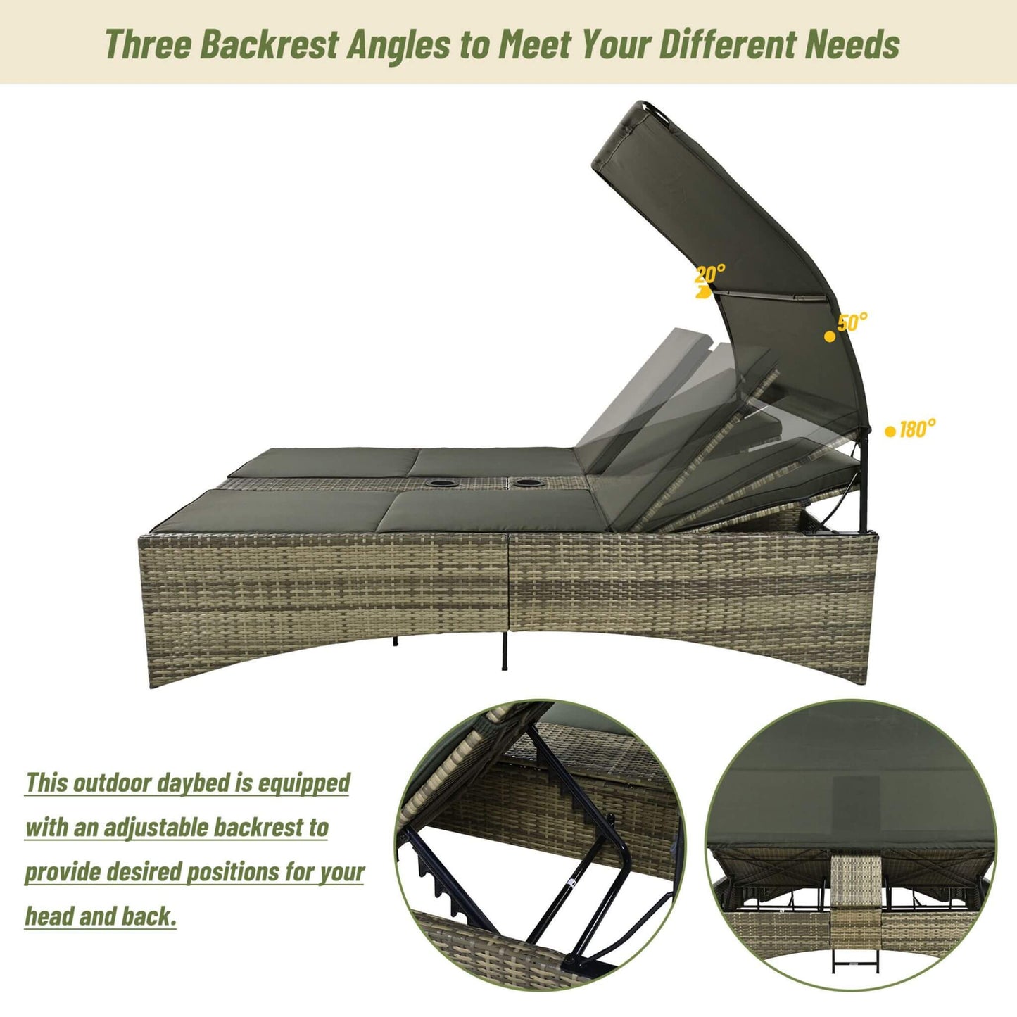 Alora Outdoor Rattan Patio Daybed with Adjustable Backrest, Canopy Roof, Storage Box and Cup Holders