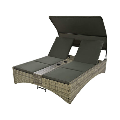 Alora Outdoor Rattan Patio Daybed with Adjustable Backrest, Canopy Roof, Storage Box and Cup Holders