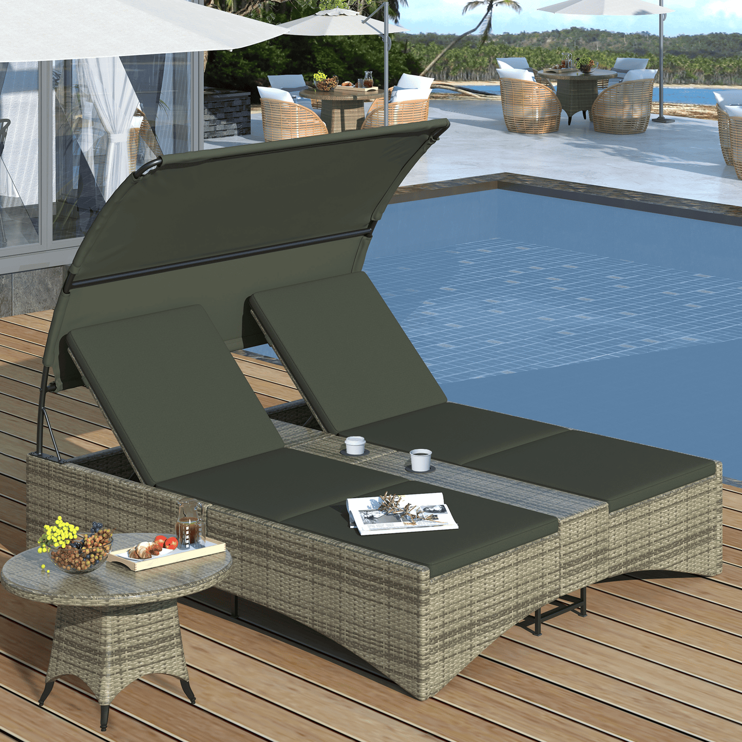 Alora Outdoor Rattan Patio Daybed with Adjustable Backrest, Canopy Roof, Storage Box and Cup Holders