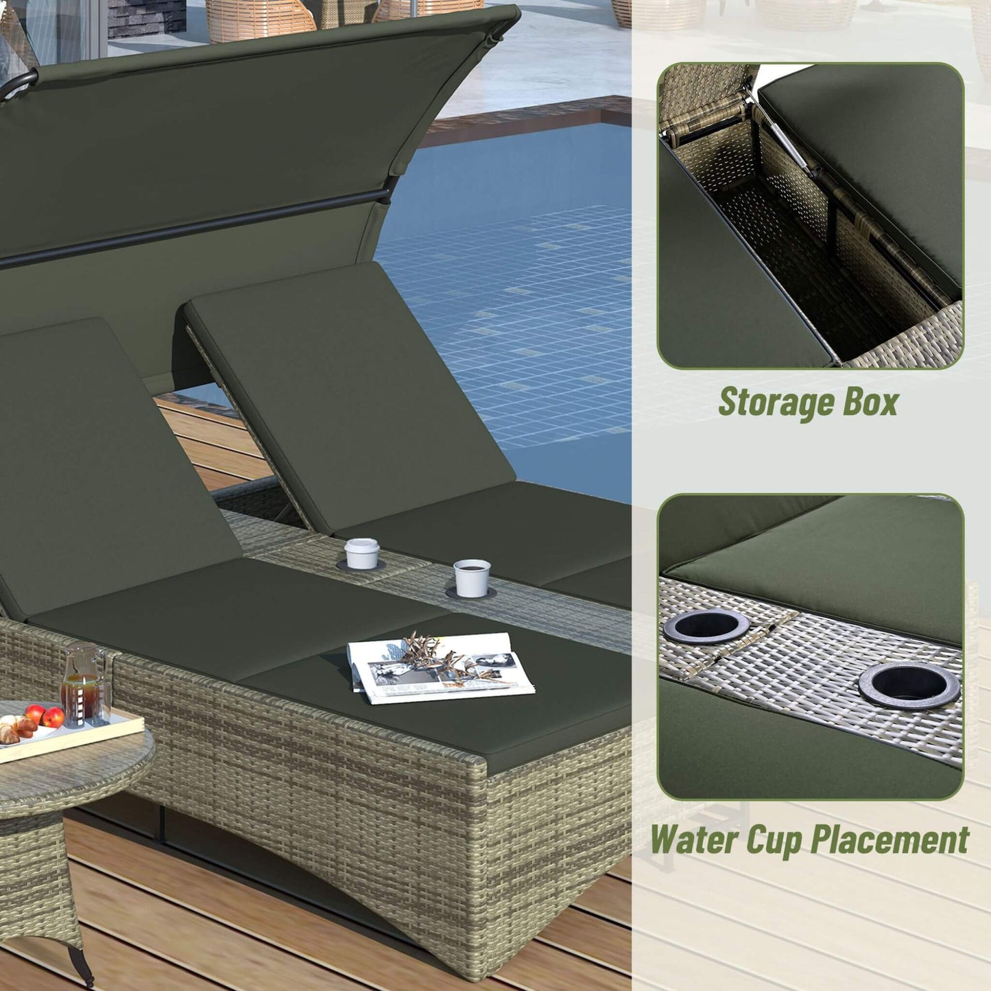 Alora Outdoor Rattan Patio Daybed with Adjustable Backrest, Canopy Roof, Storage Box and Cup Holders