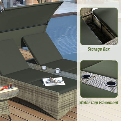 Alora Outdoor Rattan Patio Daybed with Adjustable Backrest, Canopy Roof, Storage Box and Cup Holders